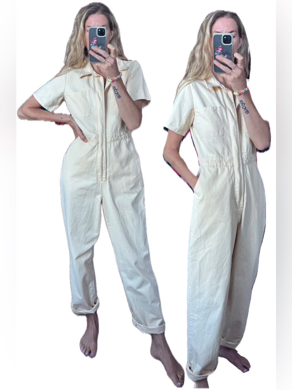 Bdg 100% Cotton Cream Short Sleeve Utility Zip Up Workwear Jumpsuit